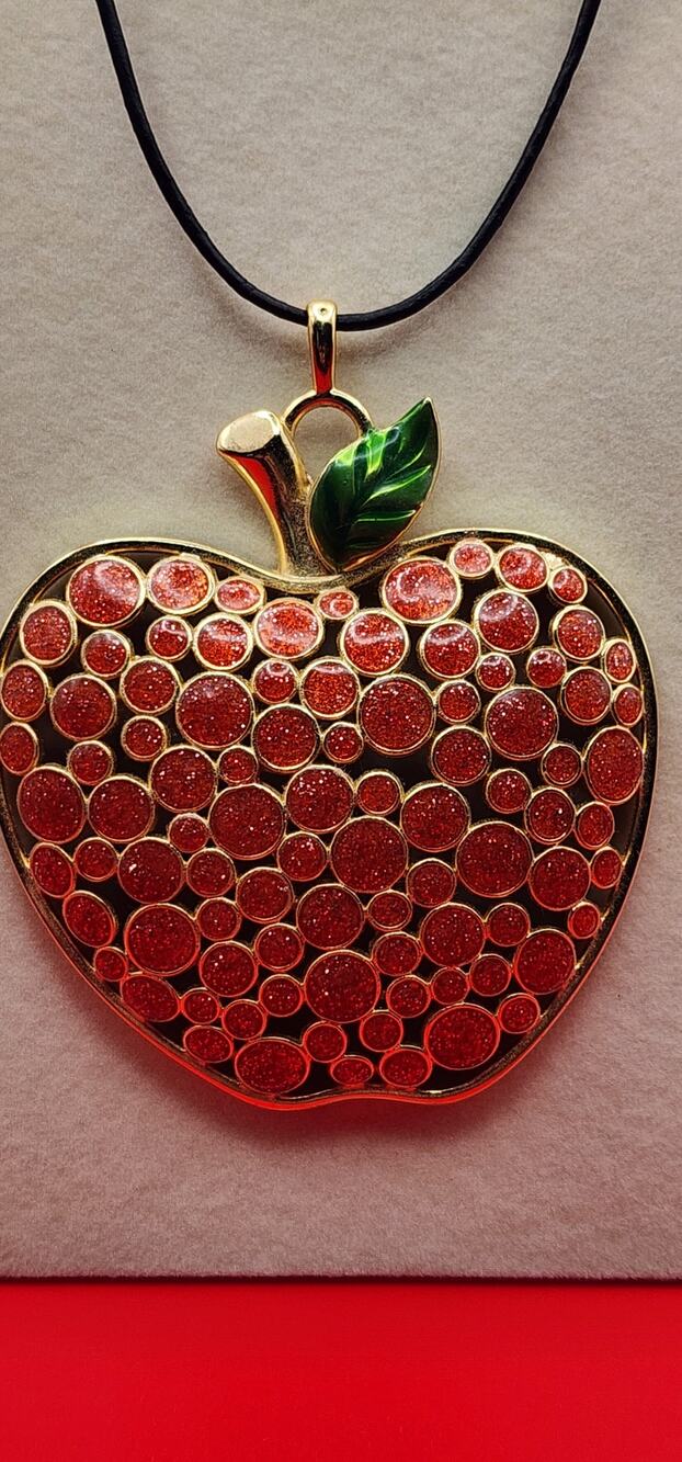 Oversized Red Glitter Apple Pendant Necklace Gold Tone Green Leaf Teacher Gift